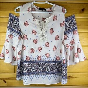 B.L.E.U. BOHO Off Shoulder Flutter Sleeves Tie Front Blouse Size Large